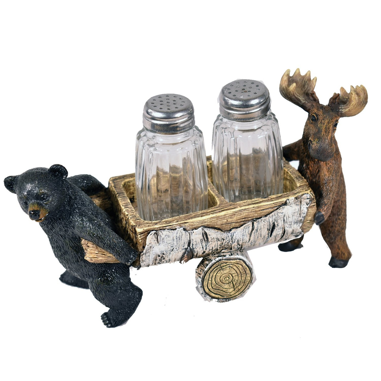 A Salt and pepper shaker with Black Bear and a  Moose holding them Table top items