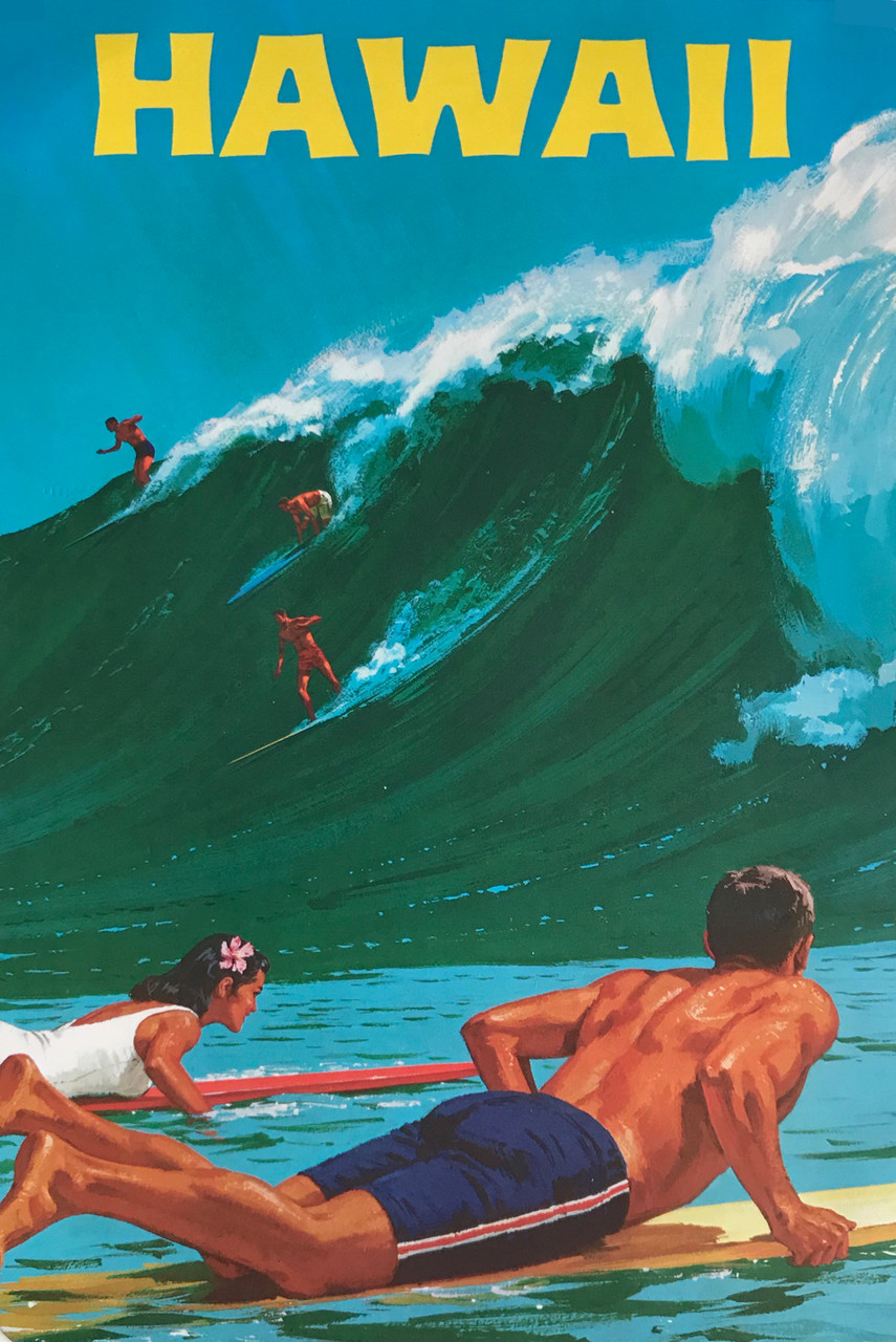 Hawaii Surfs Up Travel Poster Retro Vintage  Poster Wall Art Decor