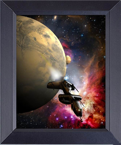 Fantasy Science-Fiction Spaceship Escaping From A Planet. Stars And Satellite On Background. Framed Art Photograph Print Framed Print