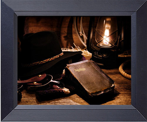 Cowboy Gear Old Lantern And A Bible Art Collage Photo Framed Print