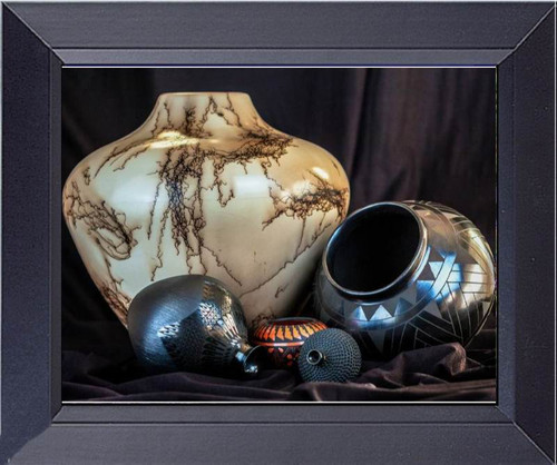 Five Native American Pots, One White With Horsehair Markings, Framed Art Photograph Print Framed Print