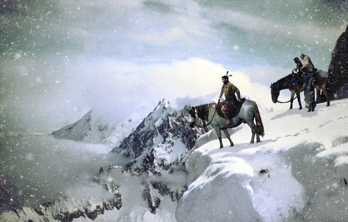 Poster Several native americans, A man and his horse, and a woman close to a child and an old man on a mule, into a snowy and windy landscape. 12 x 18