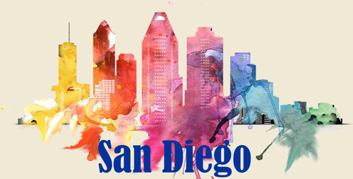 San Diego License Pate Watercolor Skyline Art