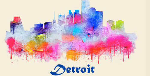 Detroit License Pate Watercolor Skyline Art