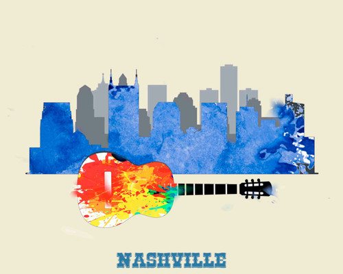 City Of Nashville Watercolor Skyline Art