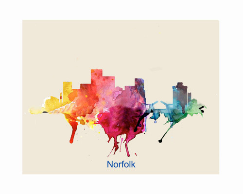 City Of Norfolk Watercolor Skyline Art