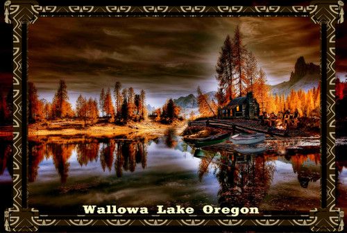 Wallowa Lake Oregon Cabin Fishing Camp And Fire Travel Poster