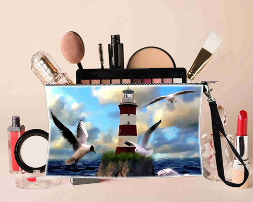 Lighthouse seagull Cosmetic makeup bag Pouch 100% all Linen