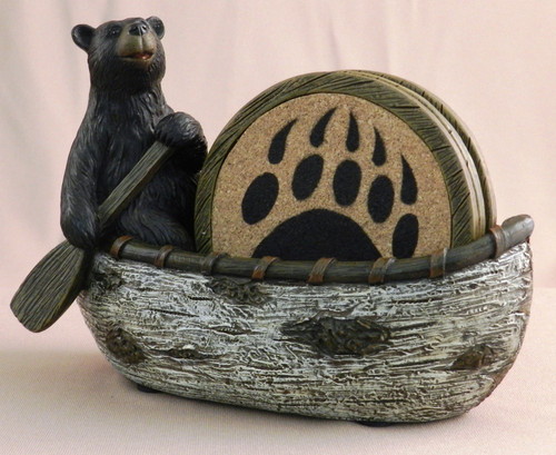 Coasters Wood with a Black Bear in a canoe  Table top items