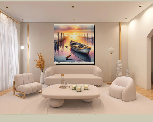 A Row Boat Docked in a lake Wall Decor Wall Art Landscape Painting