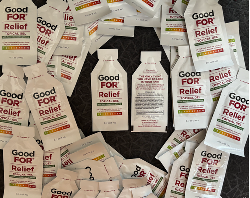 100 individual single-use GoodFOR RELIEF packets.  Good for you, your team, friends, family.....anyone you know who's suffering from muscle and joint discomfort