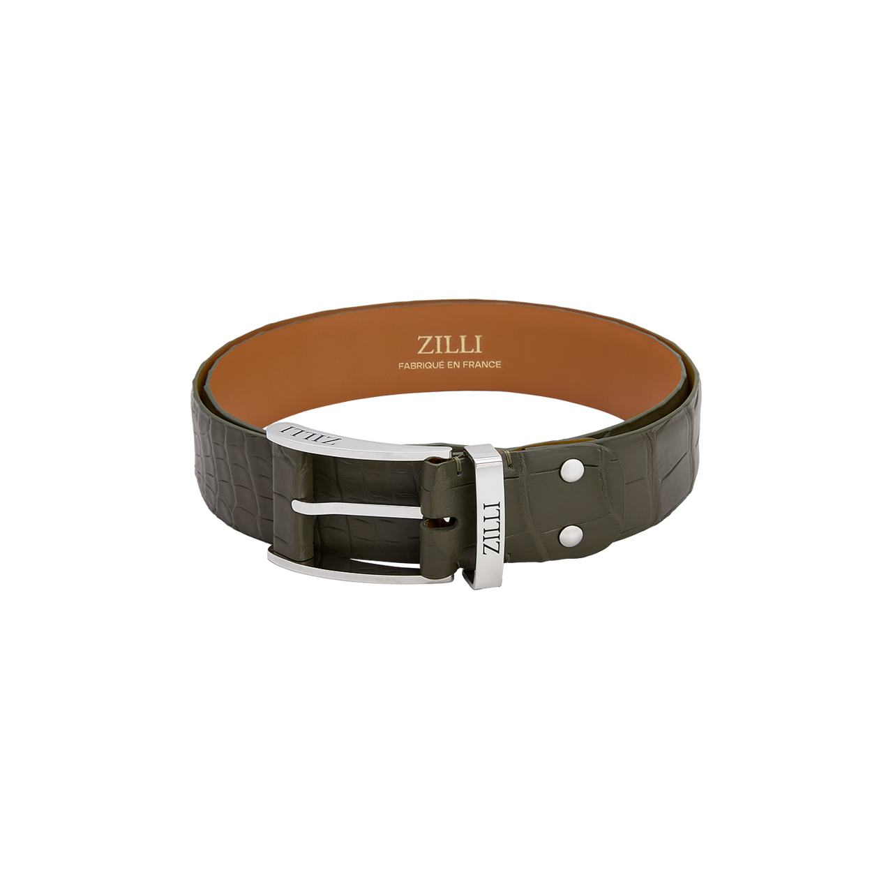 Military khaki crocodile belt, 40 mm, “Long Drop” buckle - ZILLI