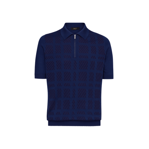 Ink blue checked zipped polo
