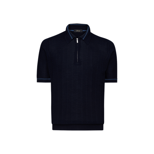 Navy blue zipped polo, "3D Chevron"