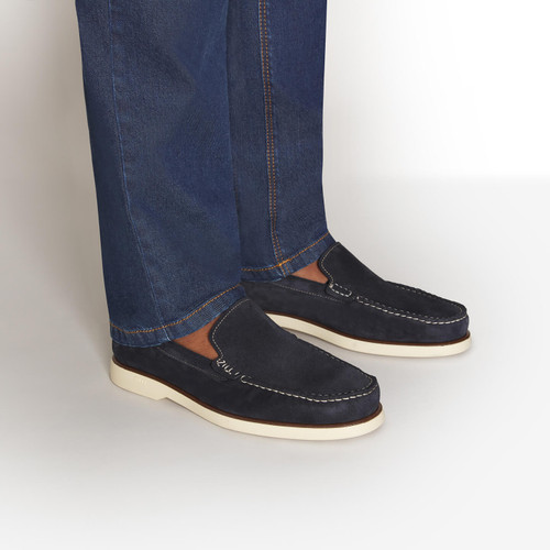 Dark navy hand stitched moccasins, beige sole
