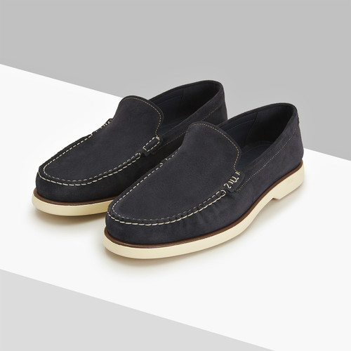 Dark navy hand stitched moccasins, beige sole