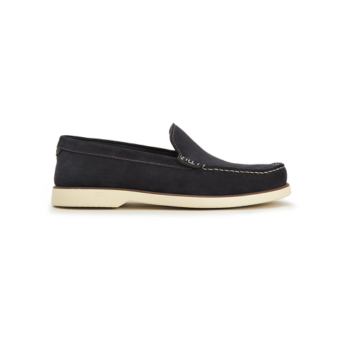 Dark navy hand stitched moccasins, beige sole