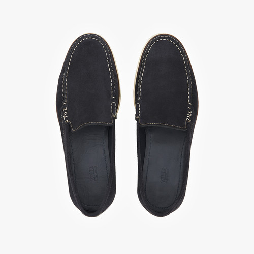 Dark navy hand stitched moccasins, beige sole