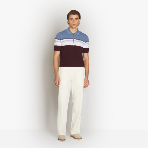 Deep cherry, white and blue zipped polo, "Three lines"