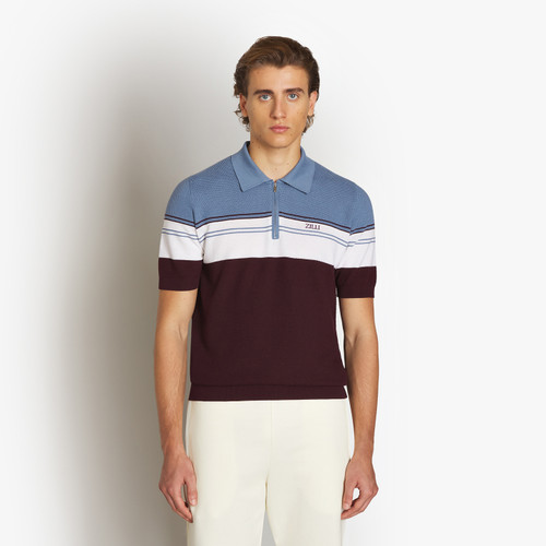 Deep cherry, white and blue zipped polo, "Three lines"