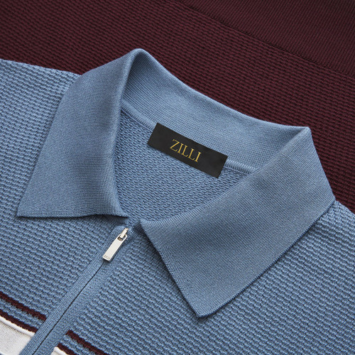 Deep cherry, white and blue zipped polo, "Three lines"
