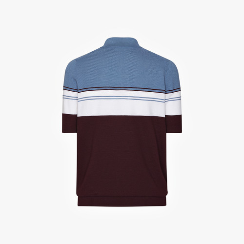 Deep cherry, white and blue zipped polo, "Three lines"