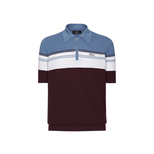 Deep cherry, white and blue zipped polo, "Three lines"