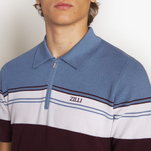 Deep cherry, white and blue zipped polo, "Three lines"