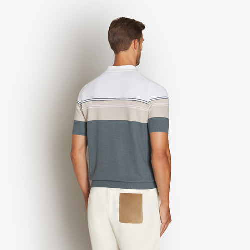 Grey, white and pale fawn zipped polo, "Three lines"