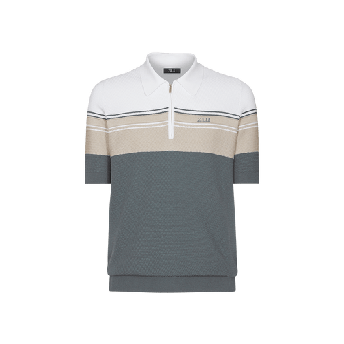 Grey, white and pale fawn zipped polo, "Three lines"