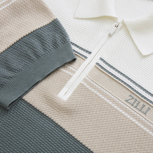 Grey, white and pale fawn zipped polo, "Three lines"
