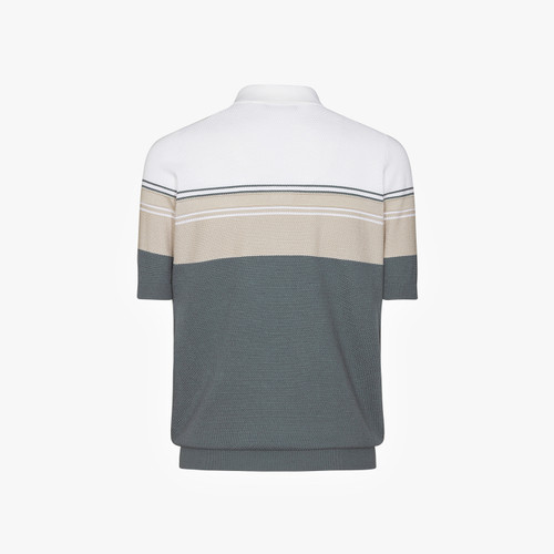 Grey, white and pale fawn zipped polo, "Three lines"