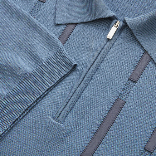 Pale blue onyx zipped polo, leather details Pale blue onyx zipped polo, leather details
