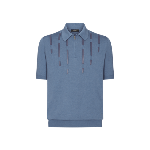 Pale blue onyx zipped polo, leather details  Pale blue onyx zipped polo, leather details