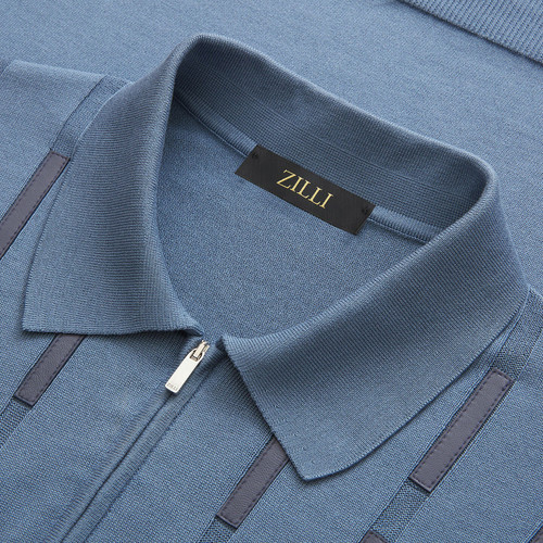 Pale blue onyx zipped polo, leather details 