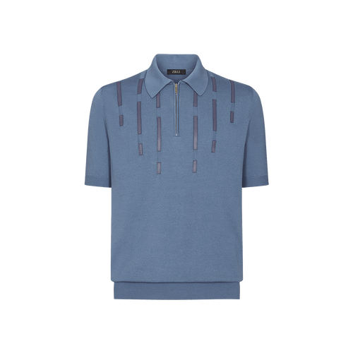 Polo zippé bleu pâle onyx, détails en cuir 