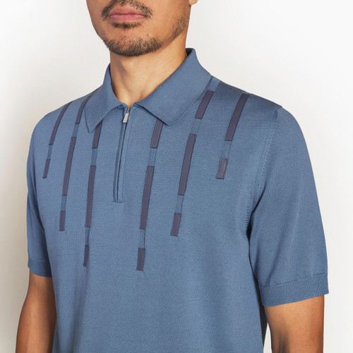 Pale blue onyx zipped polo, leather details 