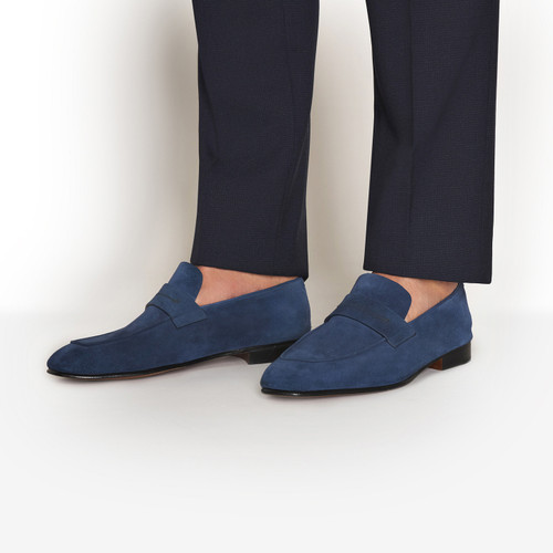 Navy blue loafers, tan leather Goodyear reversed sole Navy blue loafers, tan leather Goodyear reversed sole