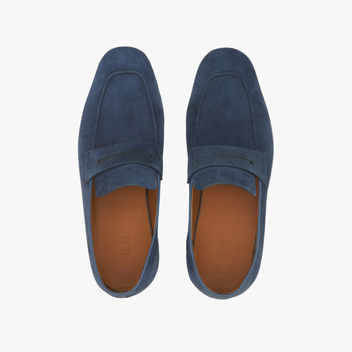 Navy blue loafers, tan leather Goodyear reversed sole