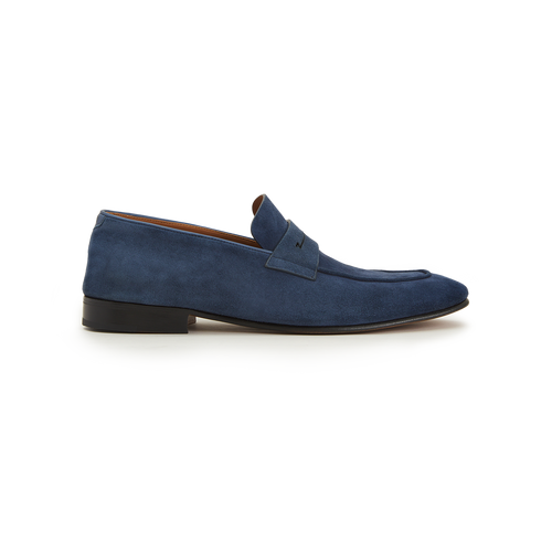 Navy blue loafers, tan leather Goodyear reversed sole