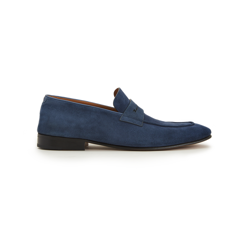 Navy blue loafers, tan leather Goodyear reversed sole