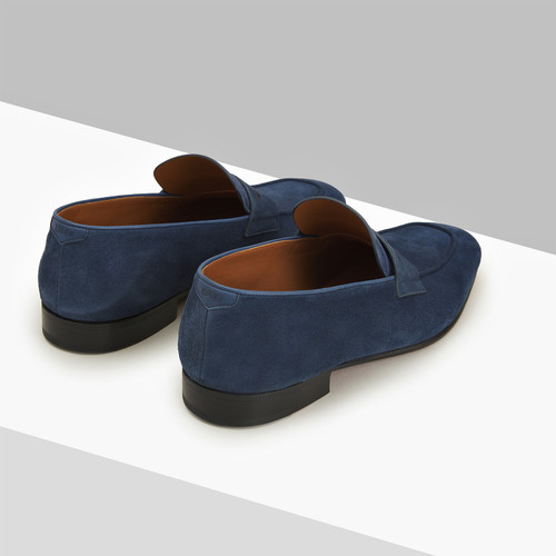 Navy blue loafers, tan leather Goodyear reversed sole