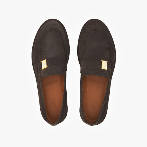Dark brown moccasins, gold and cream metallic plate Dark brown moccasins, gold and cream metallic plate