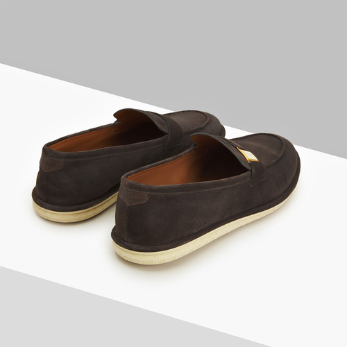 Dark brown moccasins, gold and cream metallic plate