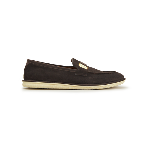 Dark brown moccasins, gold and cream metallic plate