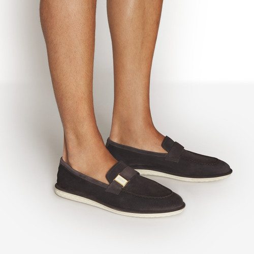 Dark brown moccasins, gold and cream metallic plate