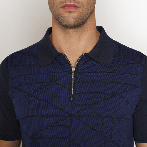 Navy blue zipped polo shirt, “Origami” design Navy blue zipped polo shirt, “Origami” design