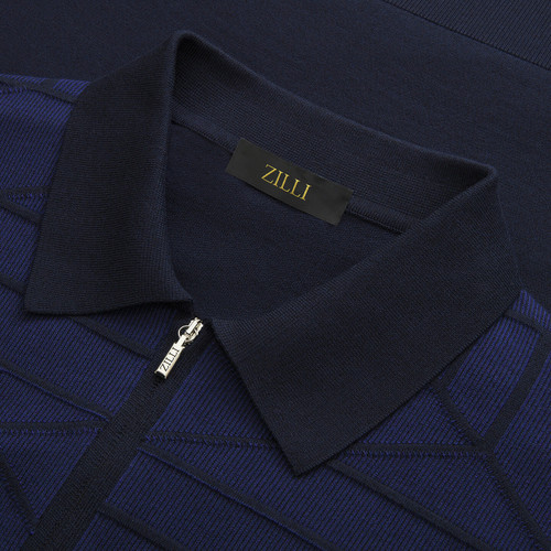 Navy blue zipped polo shirt, “Origami” design Navy blue zipped polo shirt, “Origami” design