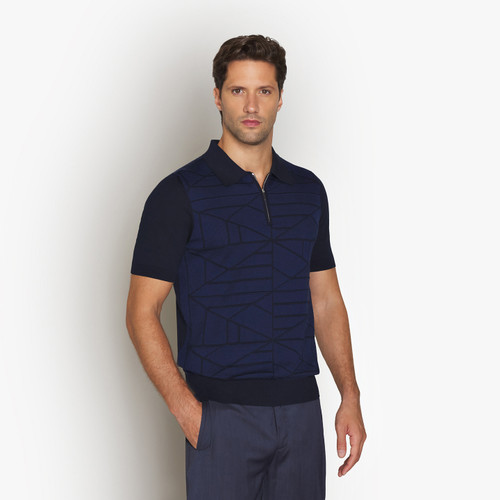 Navy blue zipped polo shirt, “Origami” design Navy blue zipped polo shirt, “Origami” design