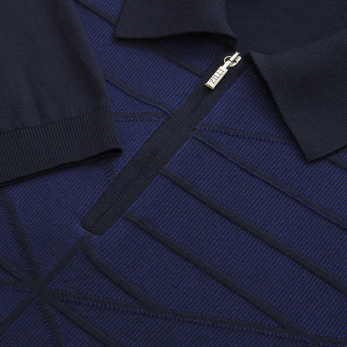 Polo zippé bleu marine, motif "Origami".